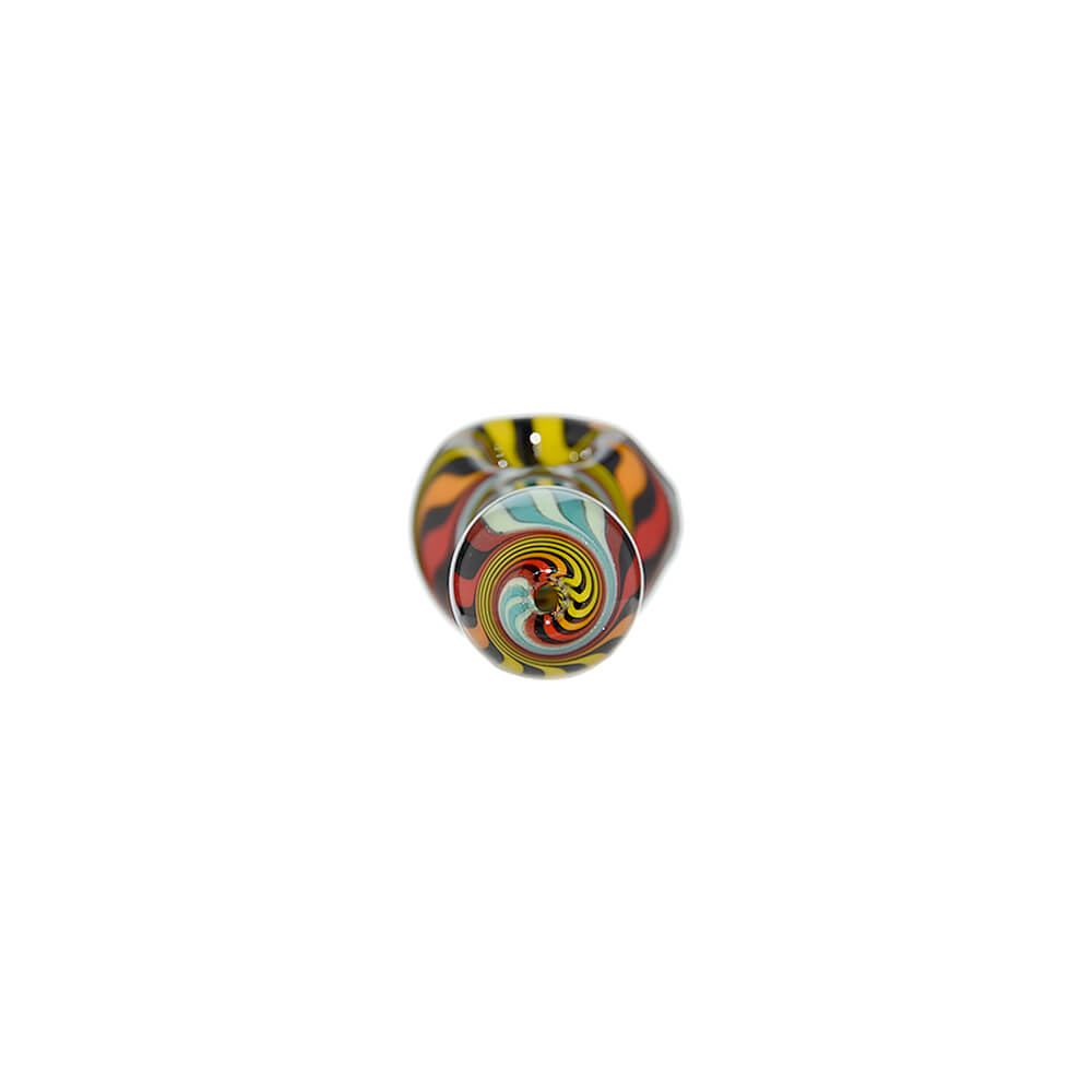 Five hand-blown glass spoon pipes featuring vibrant colorful wigwag patterns in yellow, orange, blue, and black, each marked with a green Calibear logo.