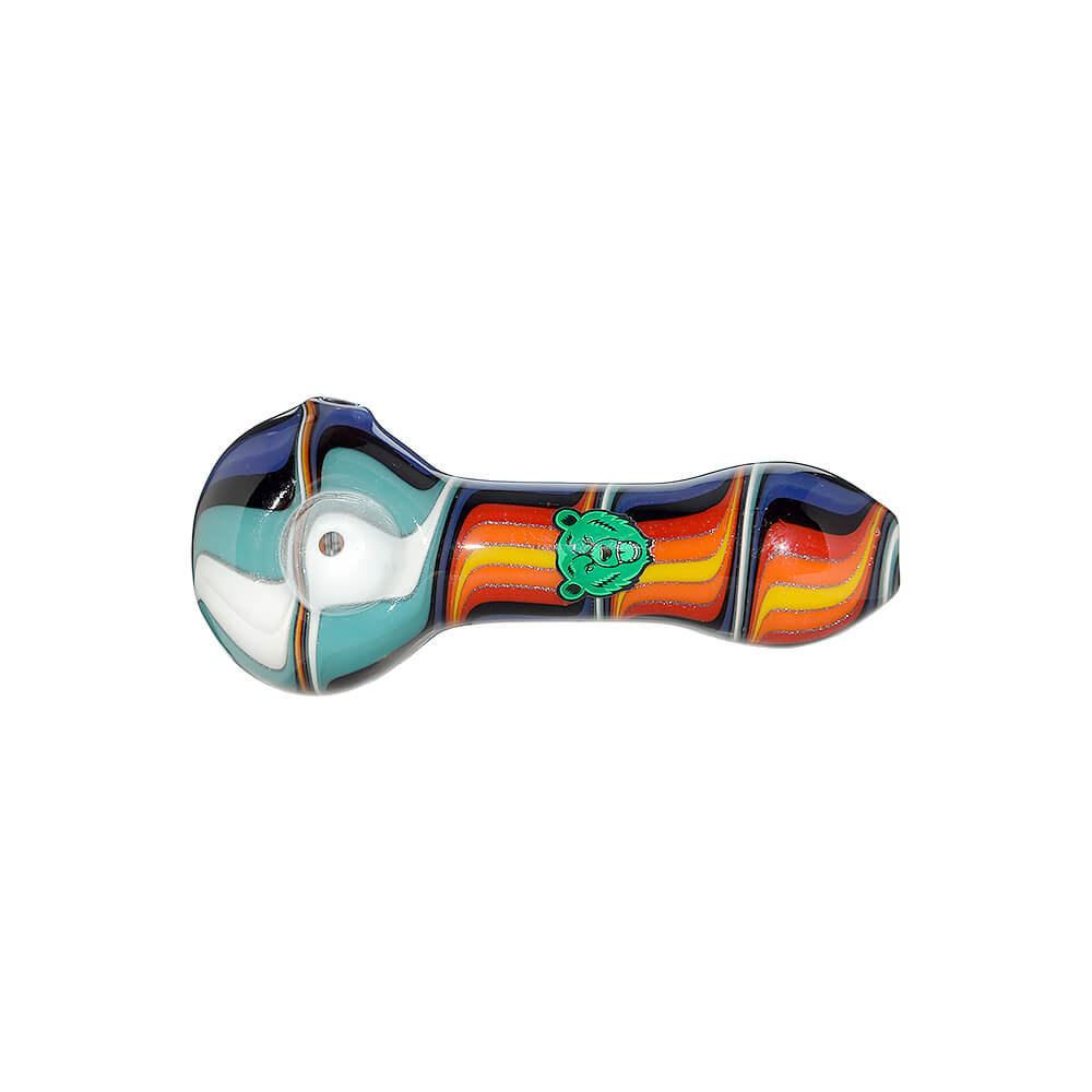 Five hand-blown glass spoon pipes featuring vibrant colorful wigwag patterns in yellow, orange, blue, and black, each marked with a green Calibear logo.