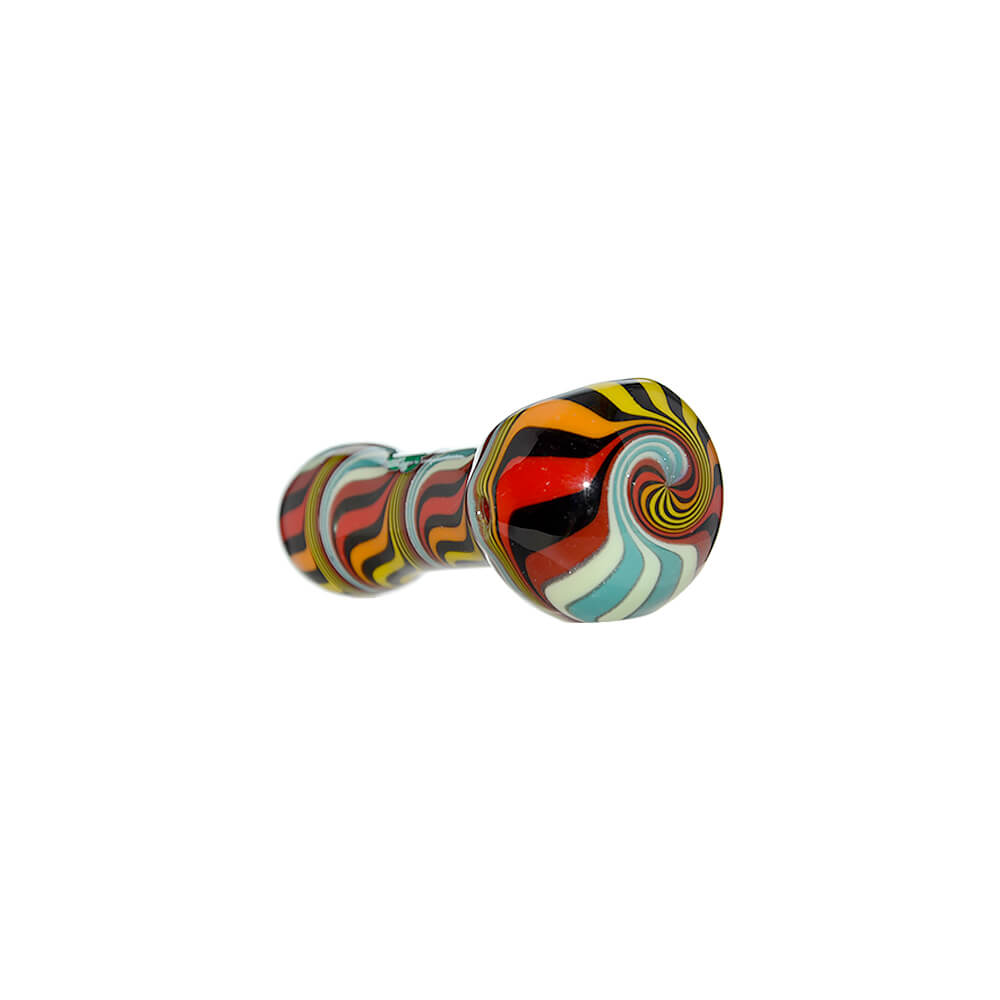 Five hand-blown glass spoon pipes featuring vibrant colorful wigwag patterns in yellow, orange, blue, and black, each marked with a green Calibear logo.