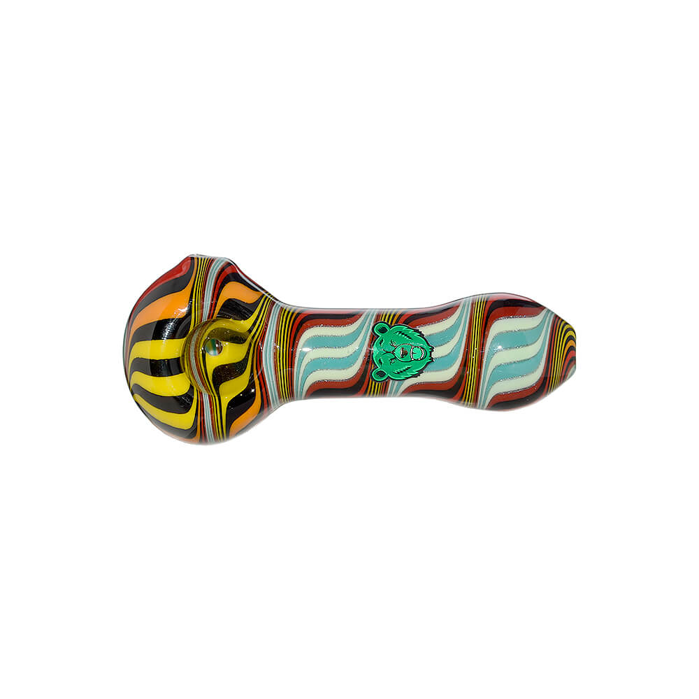 Five hand-blown glass spoon pipes featuring vibrant colorful wigwag patterns in yellow, orange, blue, and black, each marked with a green Calibear logo.