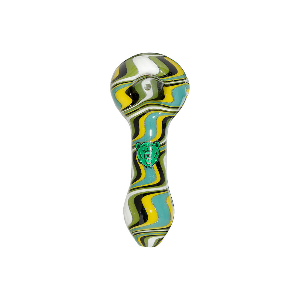 Five hand-blown glass spoon pipes featuring vibrant colorful wigwag patterns in yellow, orange, blue, and black, each marked with a green Calibear logo.