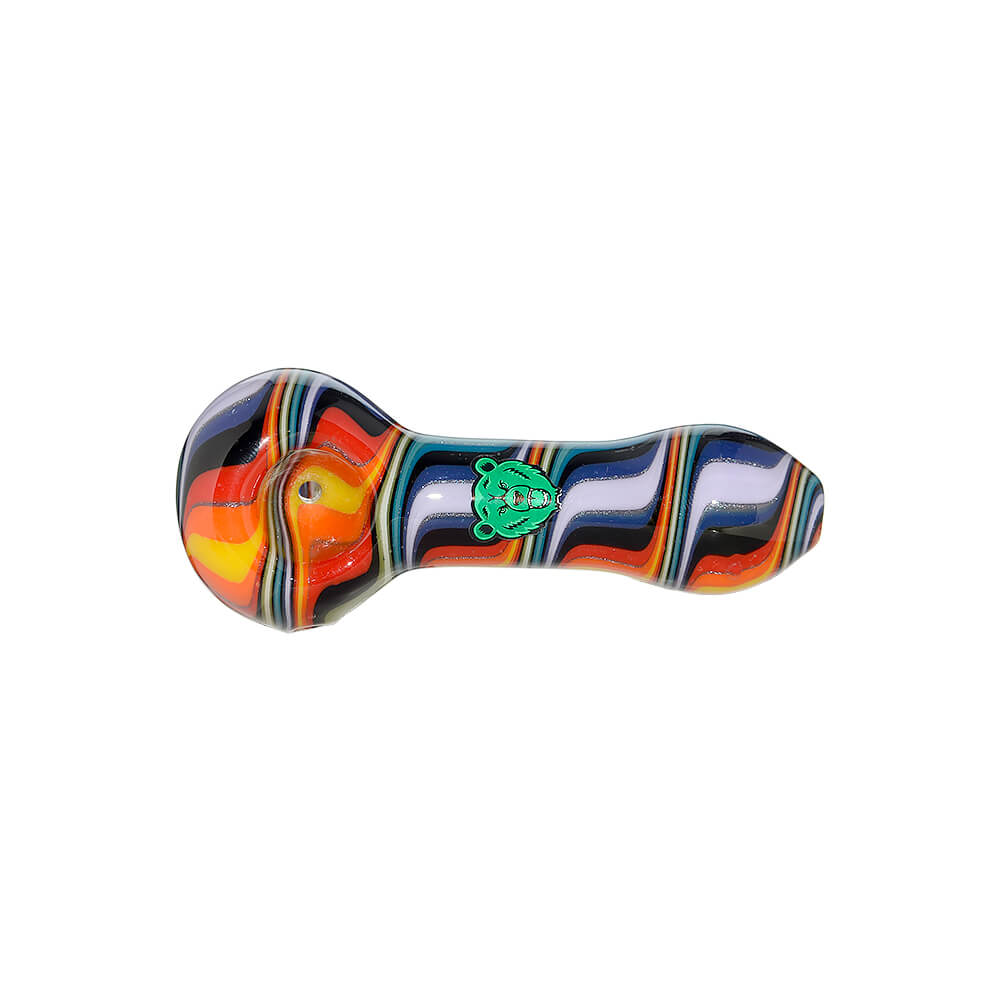 Five hand-blown glass spoon pipes featuring vibrant colorful wigwag patterns in yellow, orange, blue, and black, each marked with a green Calibear logo.