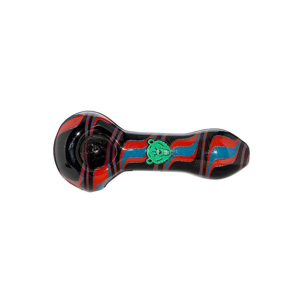 Five hand-blown glass spoon pipes featuring vibrant colorful wigwag patterns in yellow, orange, blue, and black, each marked with a green Calibear logo.