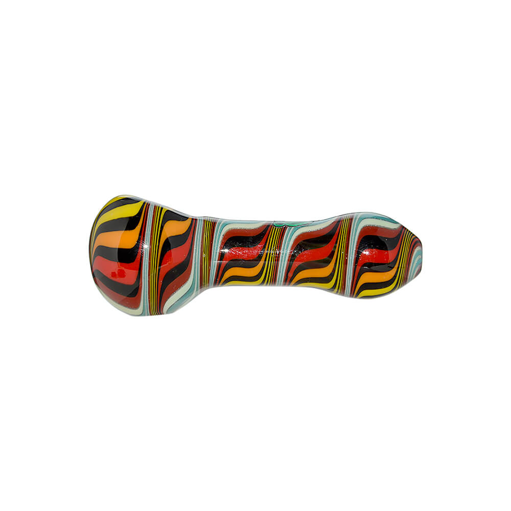 Five hand-blown glass spoon pipes featuring vibrant colorful wigwag patterns in yellow, orange, blue, and black, each marked with a green Calibear logo.