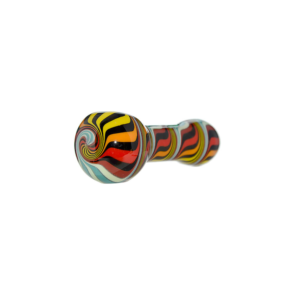 Five hand-blown glass spoon pipes featuring vibrant colorful wigwag patterns in yellow, orange, blue, and black, each marked with a green Calibear logo.