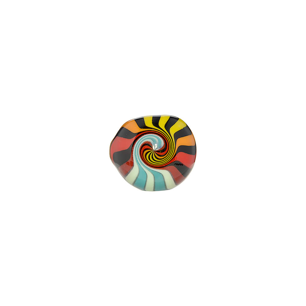 Five hand-blown glass spoon pipes featuring vibrant colorful wigwag patterns in yellow, orange, blue, and black, each marked with a green Calibear logo.