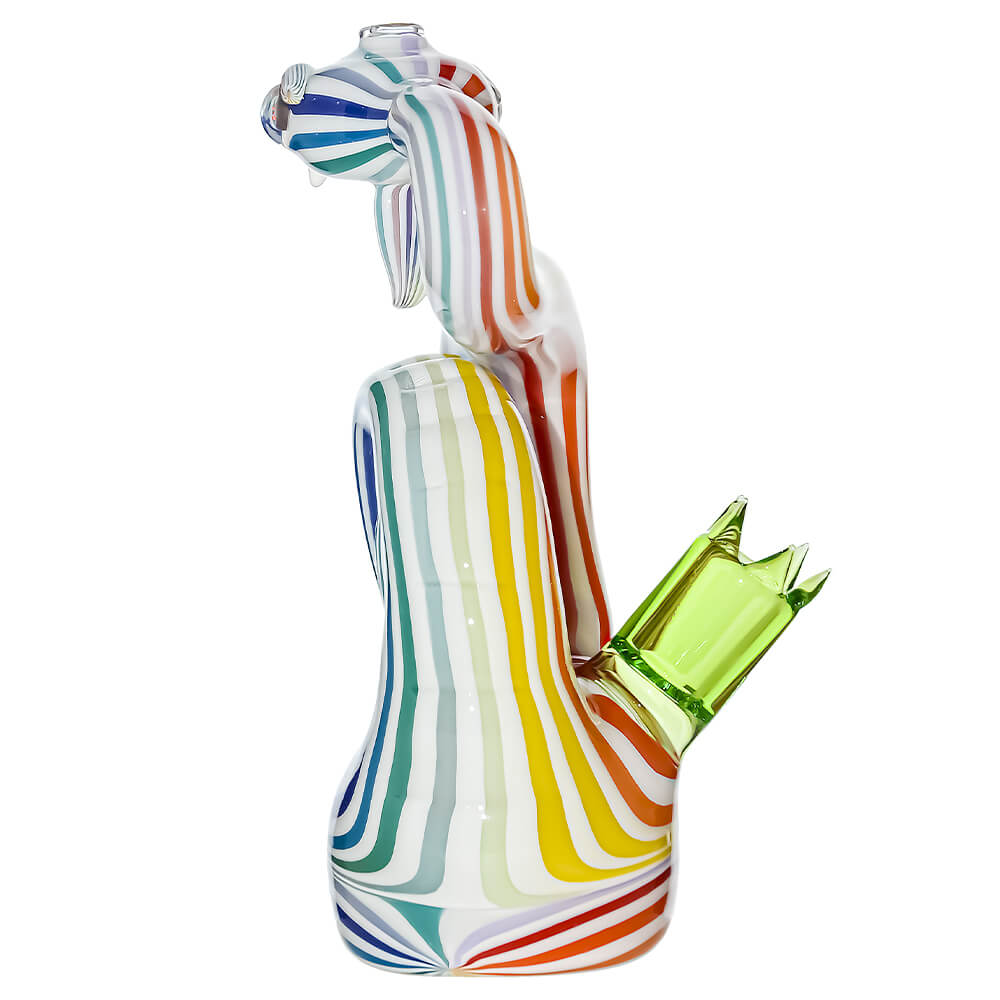 Heady wigwag snake dab rig featuring vibrant orange, yellow, and blue striped glass patterns with shimmering opal eyes and a green glass joint.