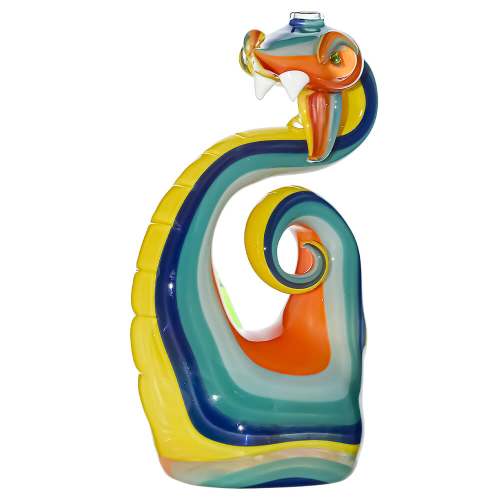 Heady wigwag snake dab rig featuring vibrant orange, yellow, and blue striped glass patterns with shimmering opal eyes and a green glass joint.