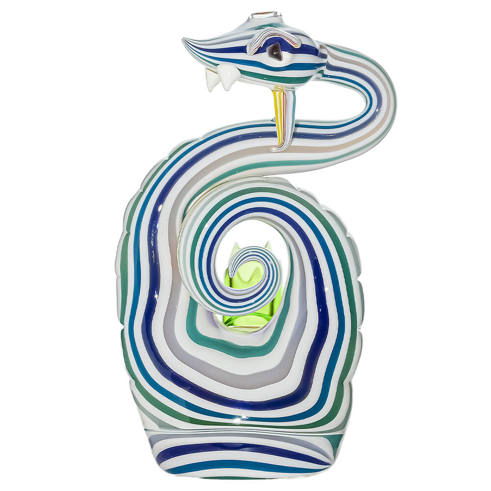 Heady wigwag snake dab rig featuring vibrant orange, yellow, and blue striped glass patterns with shimmering opal eyes and a green glass joint.