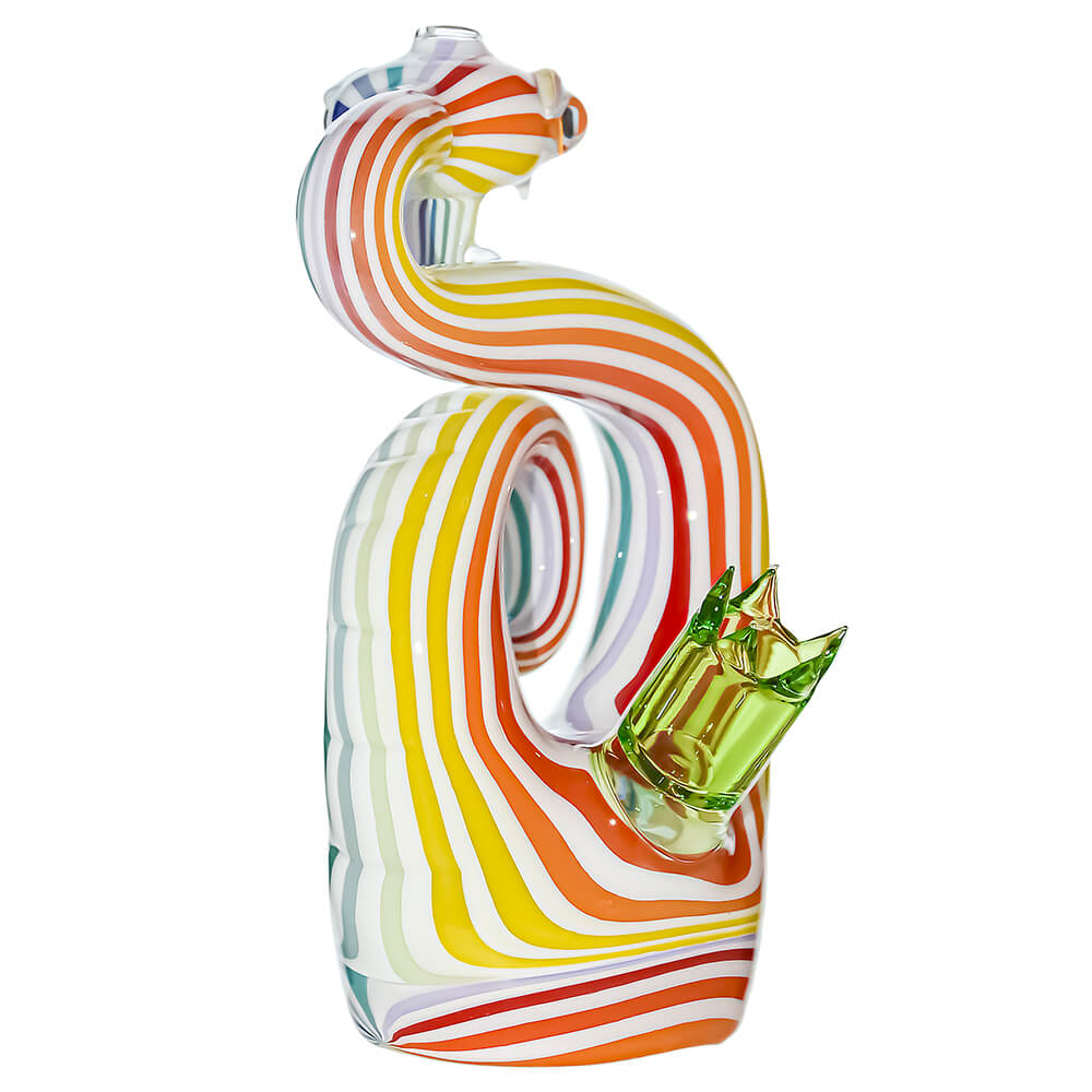 Heady wigwag snake dab rig featuring vibrant orange, yellow, and blue striped glass patterns with shimmering opal eyes and a green glass joint.