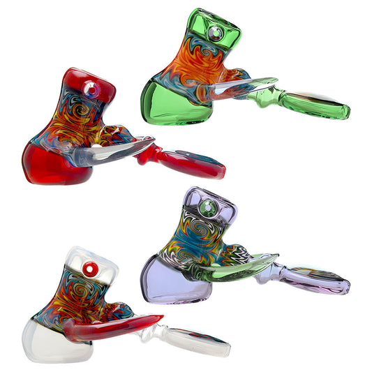 Four CaliBear handcrafted heady wigwag hammer pipes in red, green, purple, and clear glass featuring intricate orange and blue swirl linework and flat-bottom designs.