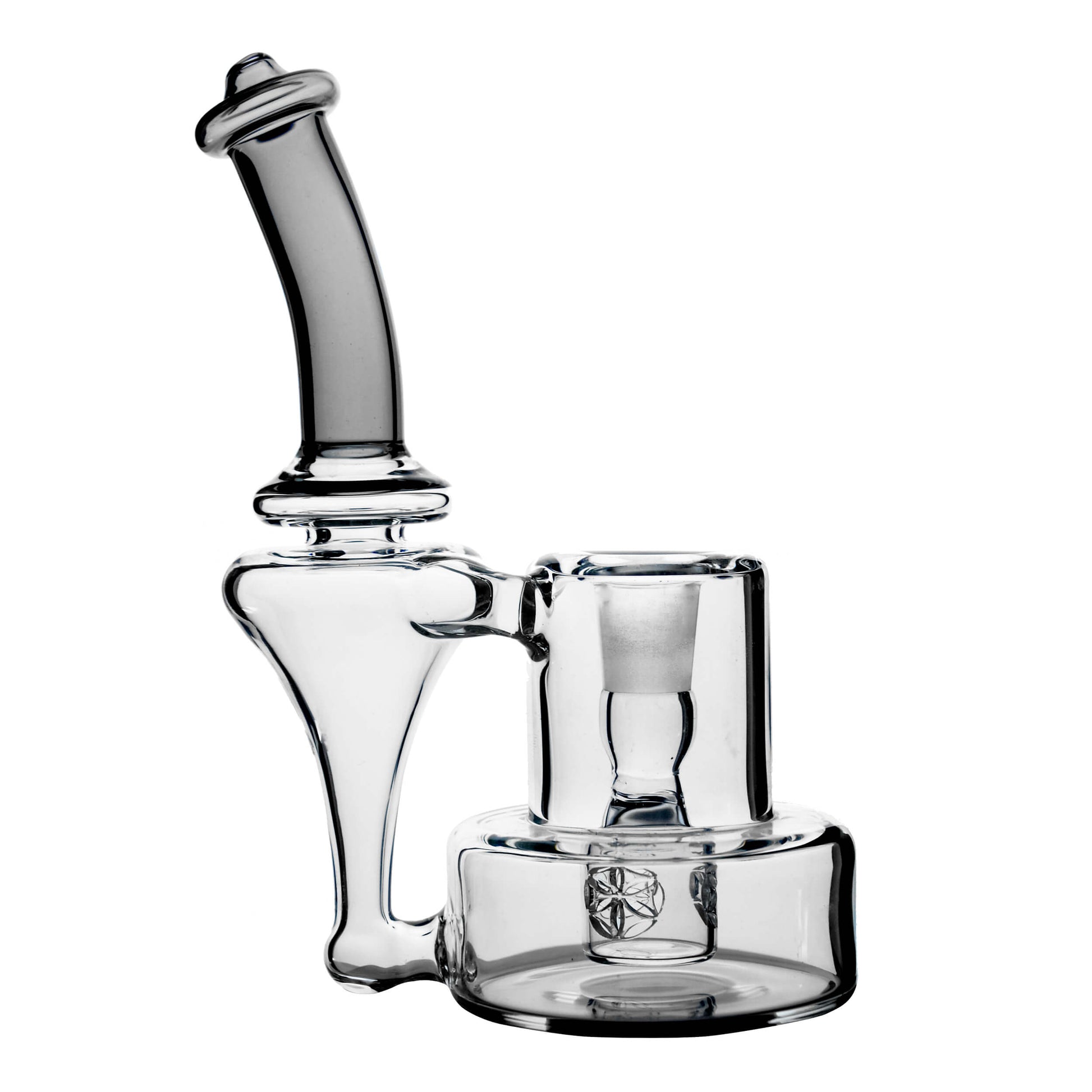 Intricate glass dab rig with a detailed seed percolator, clear glass body, and a stylish grey colored mouthpiece.