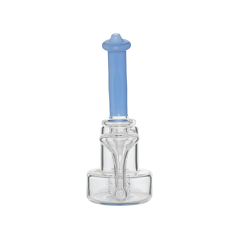 Intricate glass dab rig with a detailed seed percolator, clear glass body, and a stylish grey colored mouthpiece.