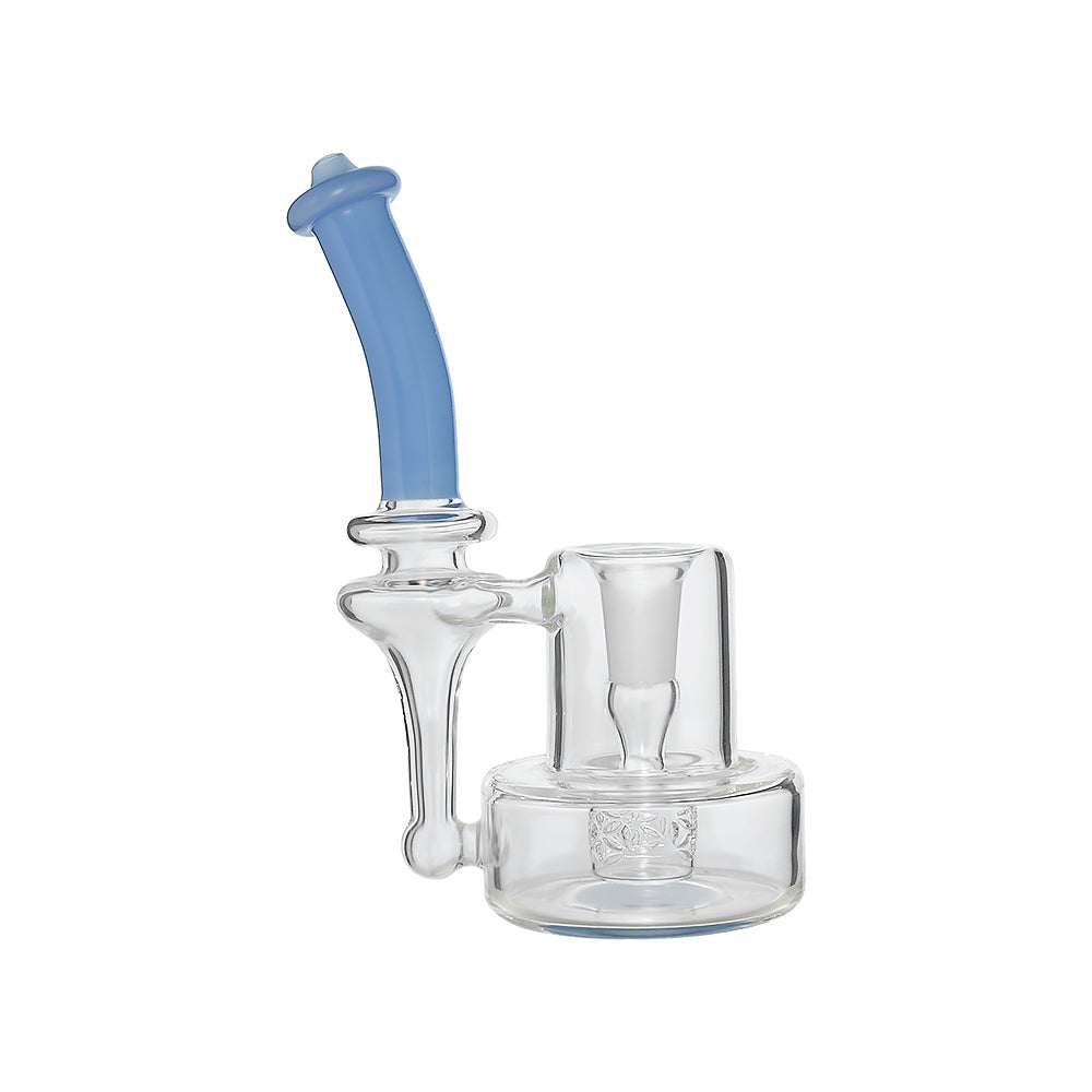 Intricate glass dab rig with a detailed seed percolator, clear glass body, and a stylish grey colored mouthpiece.