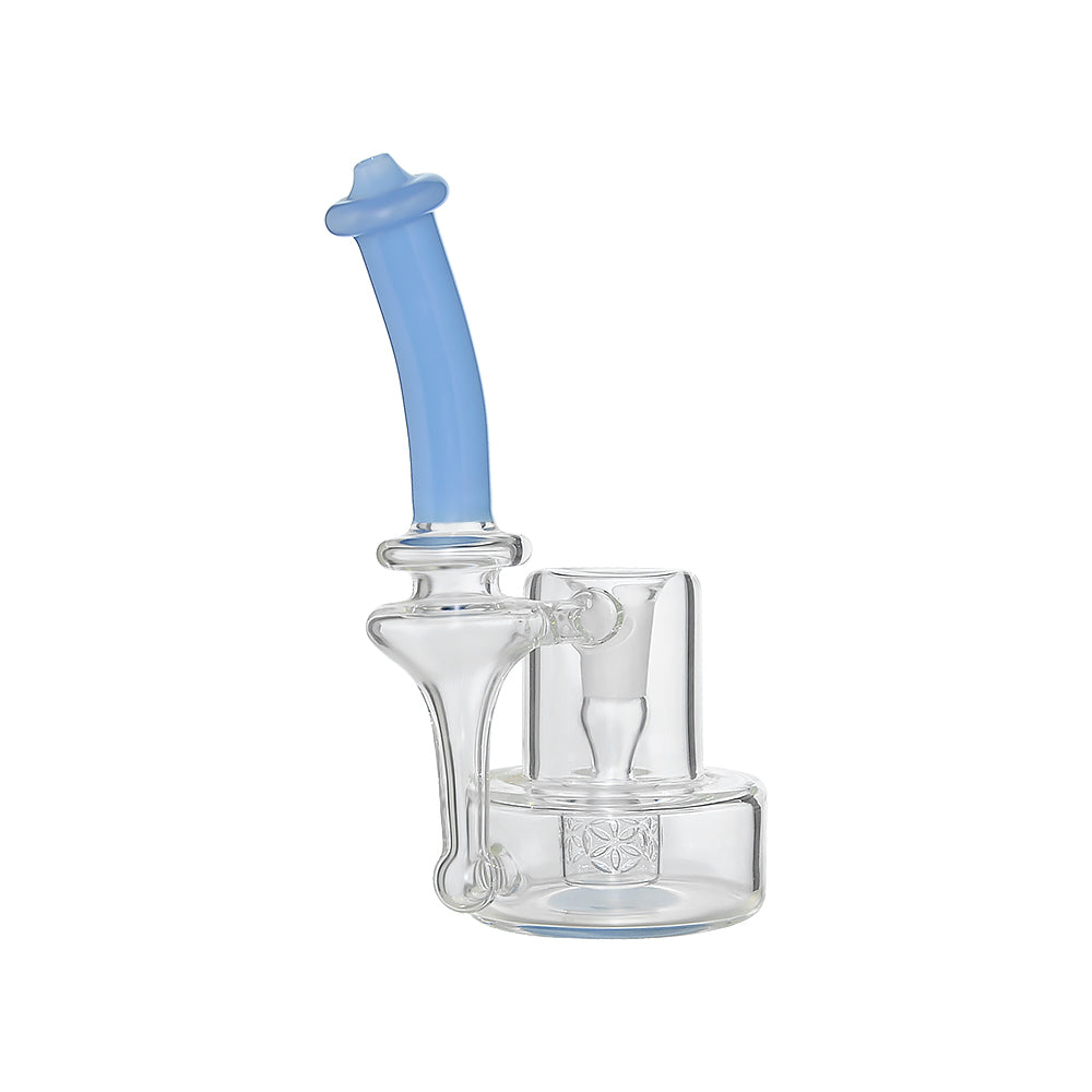 Intricate glass dab rig with a detailed seed percolator, clear glass body, and a stylish grey colored mouthpiece.