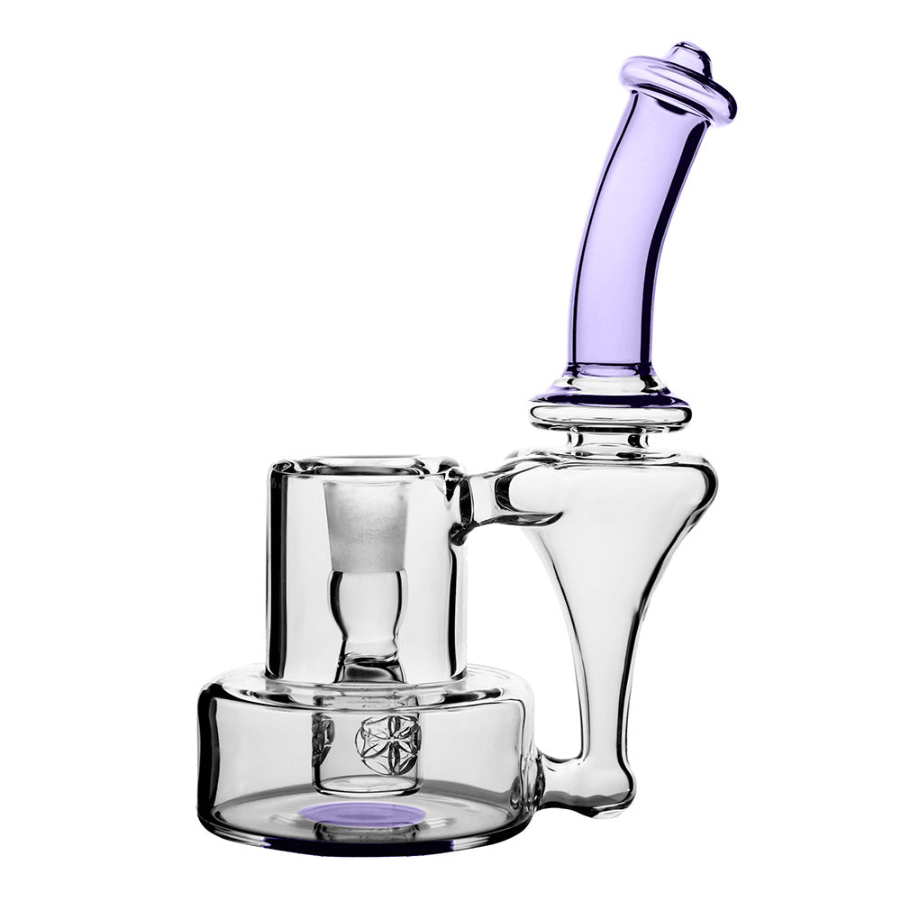 Intricate glass dab rig with a detailed seed percolator, clear glass body, and a stylish grey colored mouthpiece.
