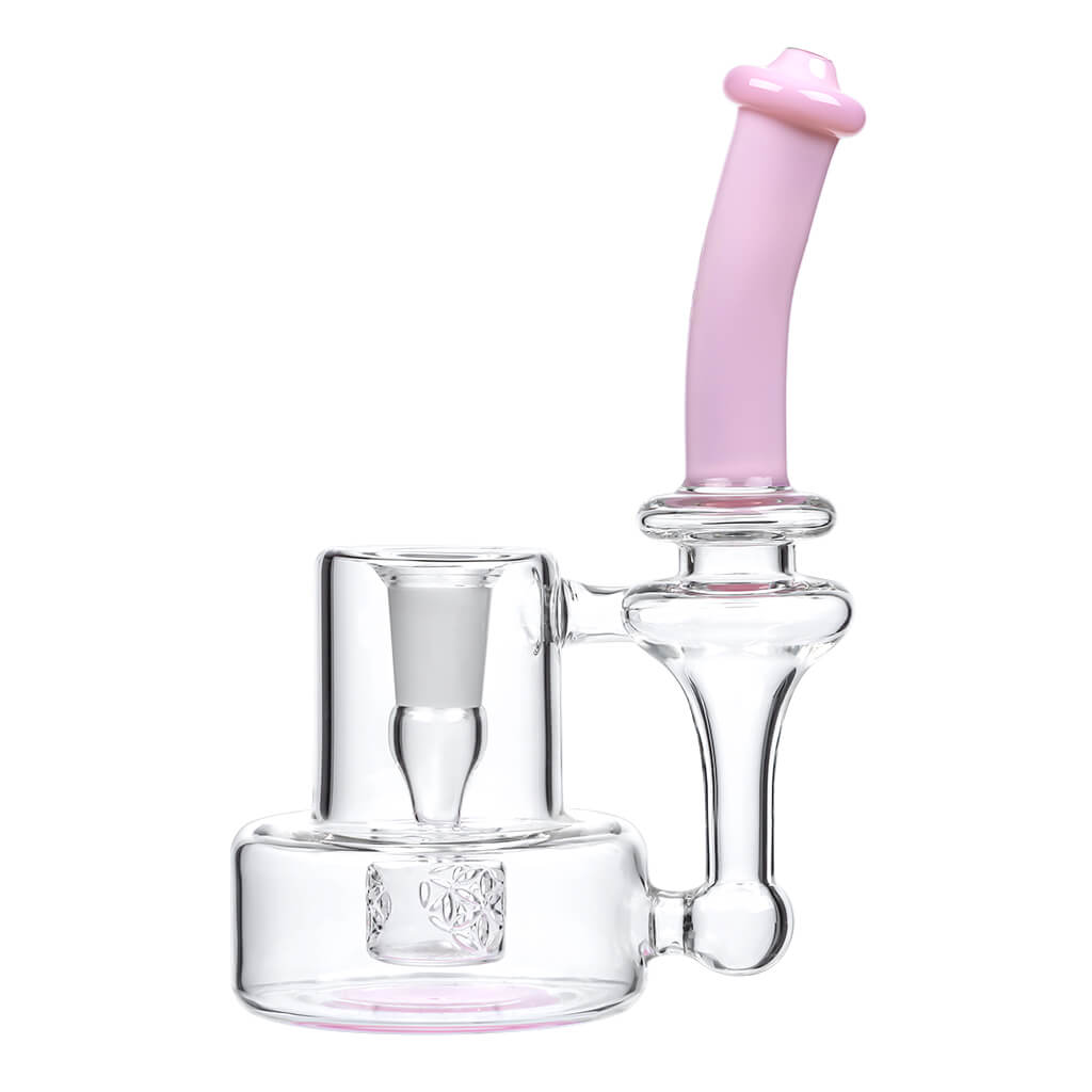 Intricate glass dab rig with a detailed seed percolator, clear glass body, and a stylish grey colored mouthpiece.