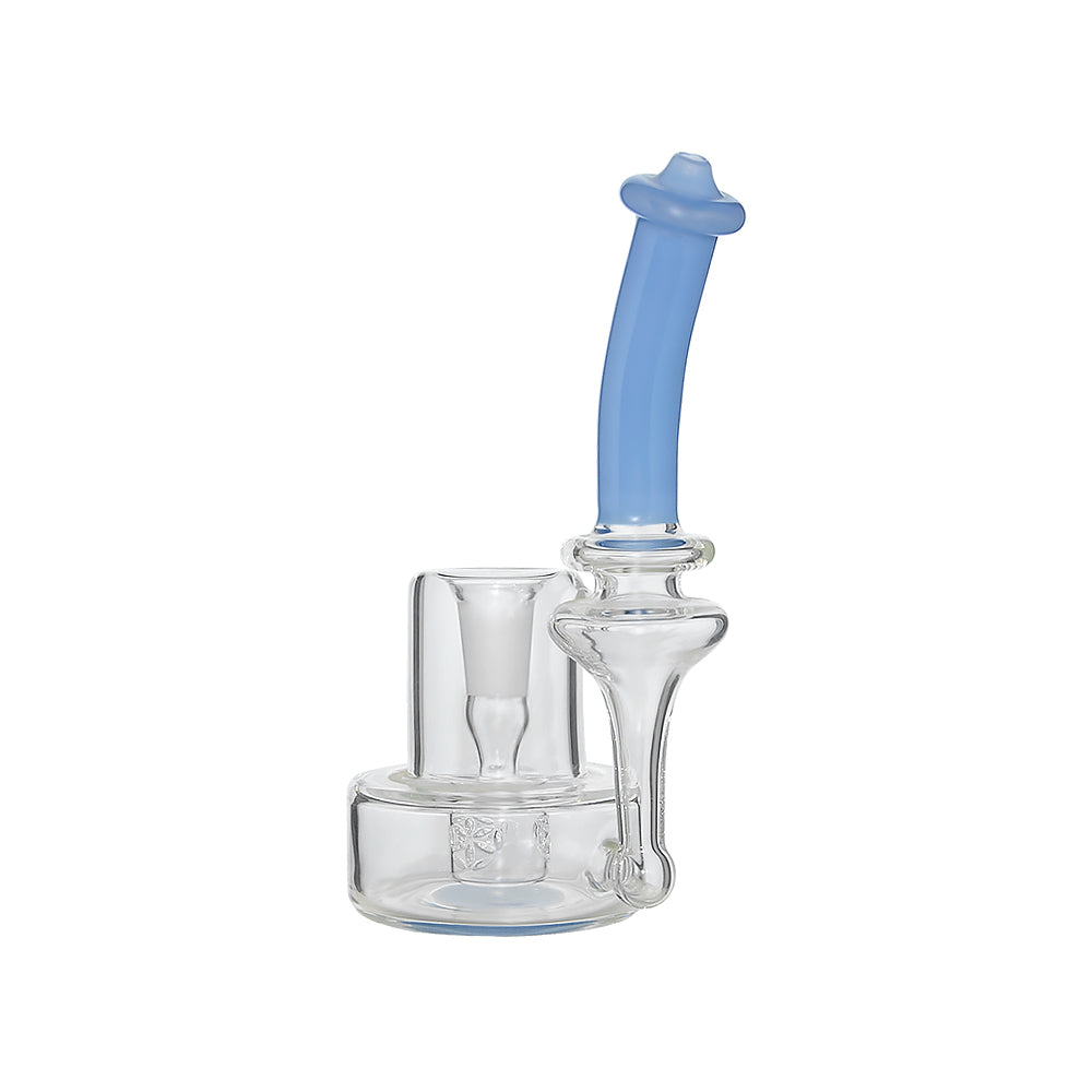 Intricate glass dab rig with a detailed seed percolator, clear glass body, and a stylish grey colored mouthpiece.
