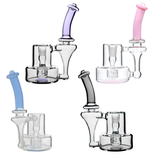 Intricate glass dab rig with a detailed seed percolator, clear glass body, and a stylish grey colored mouthpiece.