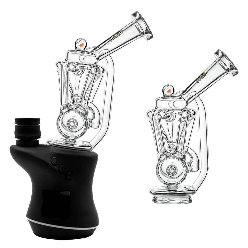 Clear glass Inline Recycler attachment with a white opal marble accent for Focus V Carta e-rig on device and standalone view displaying intricate internal tubes and sleek construction.