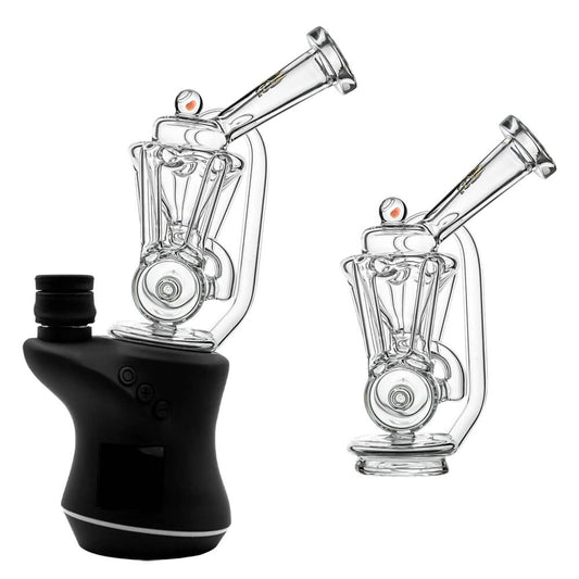 Clear glass Inline Recycler attachment with a white opal marble accent for Focus V Carta e-rig on device and standalone view displaying intricate internal tubes and sleek construction.