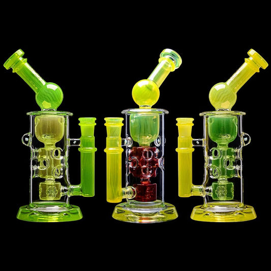 CaliBear 8.5 inch Kickback Straight Fab Torus dab rig featuring yellow accents, a red Seed of Life percolator, and an encased opal.