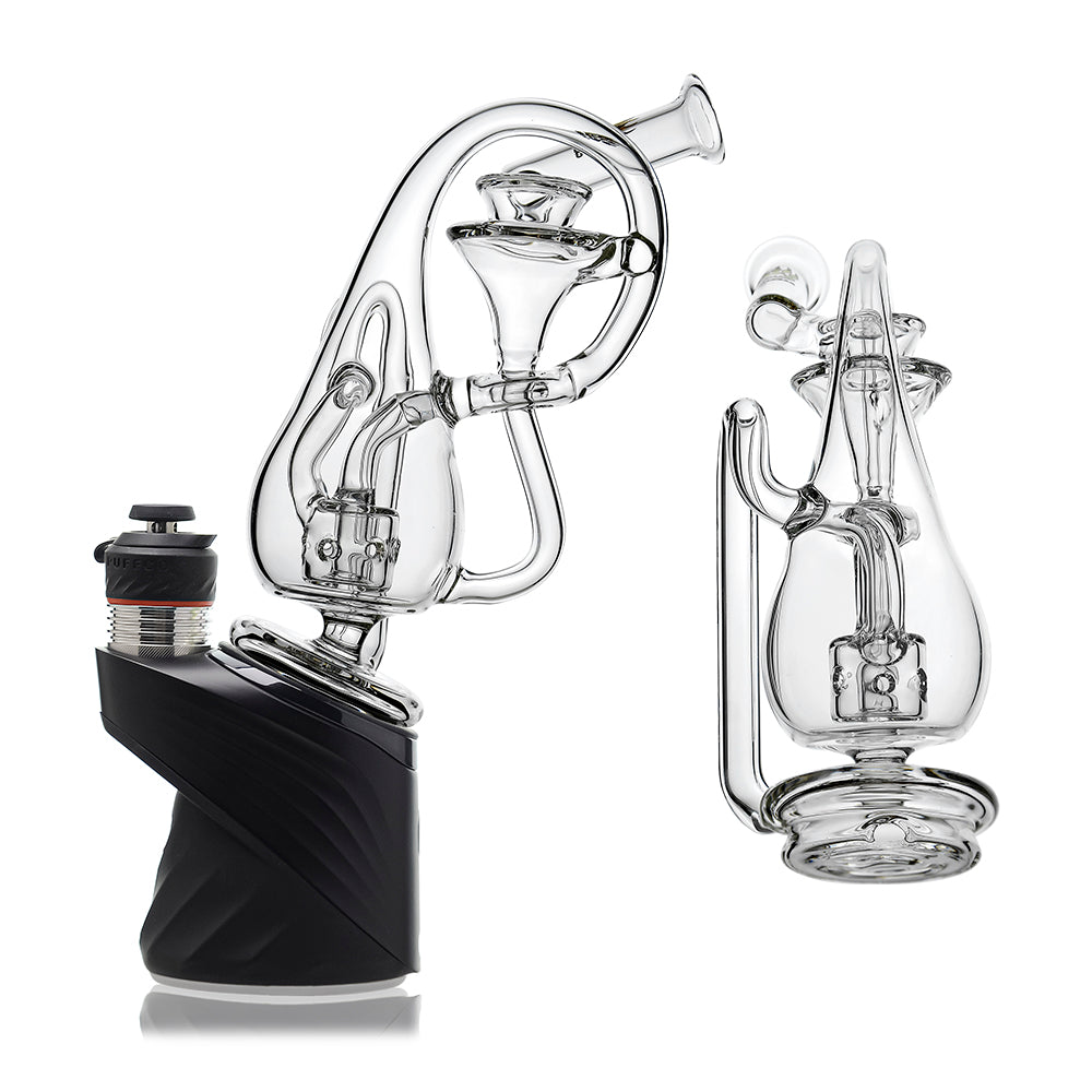 Klein Drop Bottle Glass Attachment with Encased Opal for Puffco Peak OG & Pro by Calibear Glass, displayed on Peak device and standalone, showcasing recycler design and iridescent opal inlay