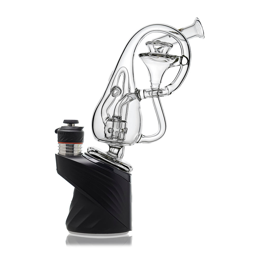 Klein Drop Bottle Glass Attachment with Encased Opal for Puffco Peak OG & Pro by Calibear Glass, displayed on Peak device and standalone, showcasing recycler design and iridescent opal inlay