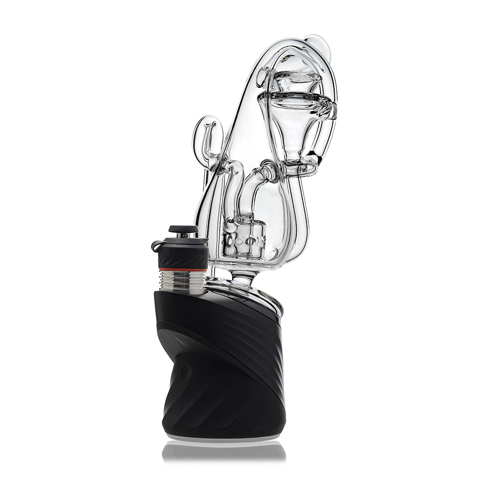 Klein Drop Bottle Glass Attachment with Encased Opal for Puffco Peak OG & Pro by Calibear Glass, displayed on Peak device and standalone, showcasing recycler design and iridescent opal inlay