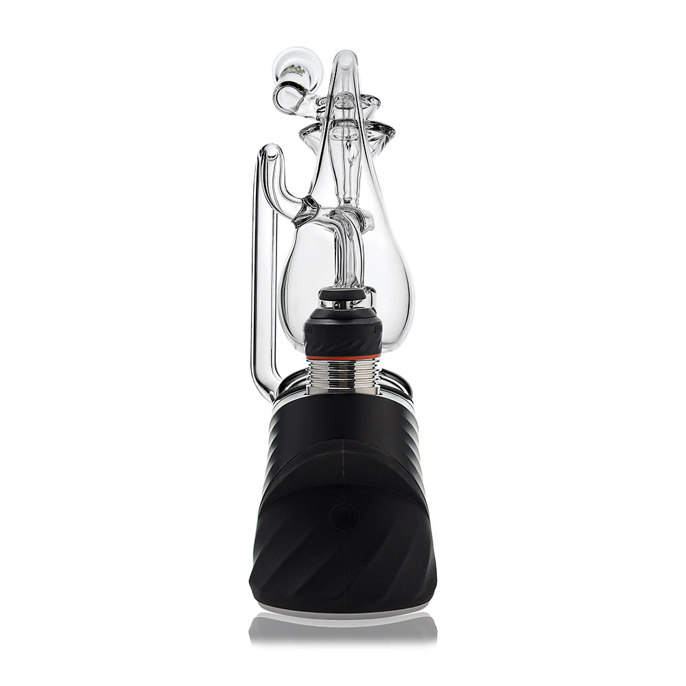 Klein Drop Bottle Glass Attachment with Encased Opal for Puffco Peak OG & Pro by Calibear Glass, displayed on Peak device and standalone, showcasing recycler design and iridescent opal inlay