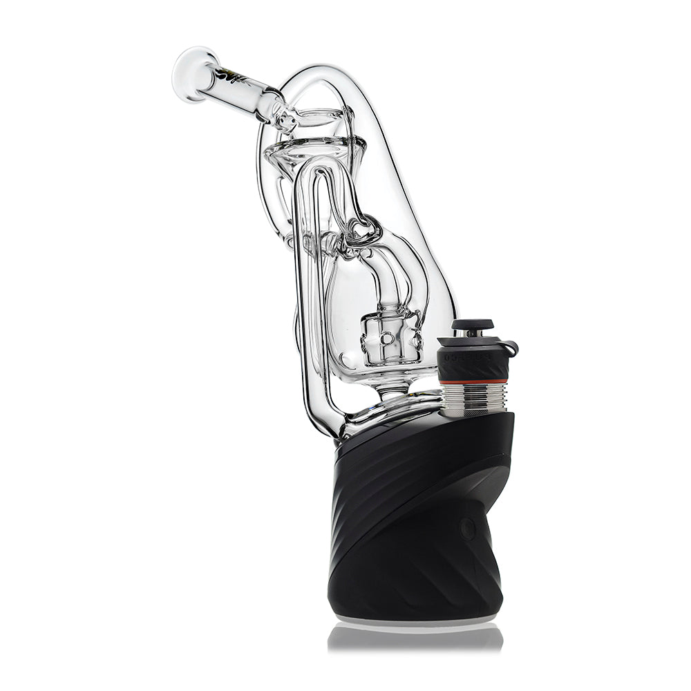 Klein Drop Bottle Glass Attachment with Encased Opal for Puffco Peak OG & Pro by Calibear Glass, displayed on Peak device and standalone, showcasing recycler design and iridescent opal inlay