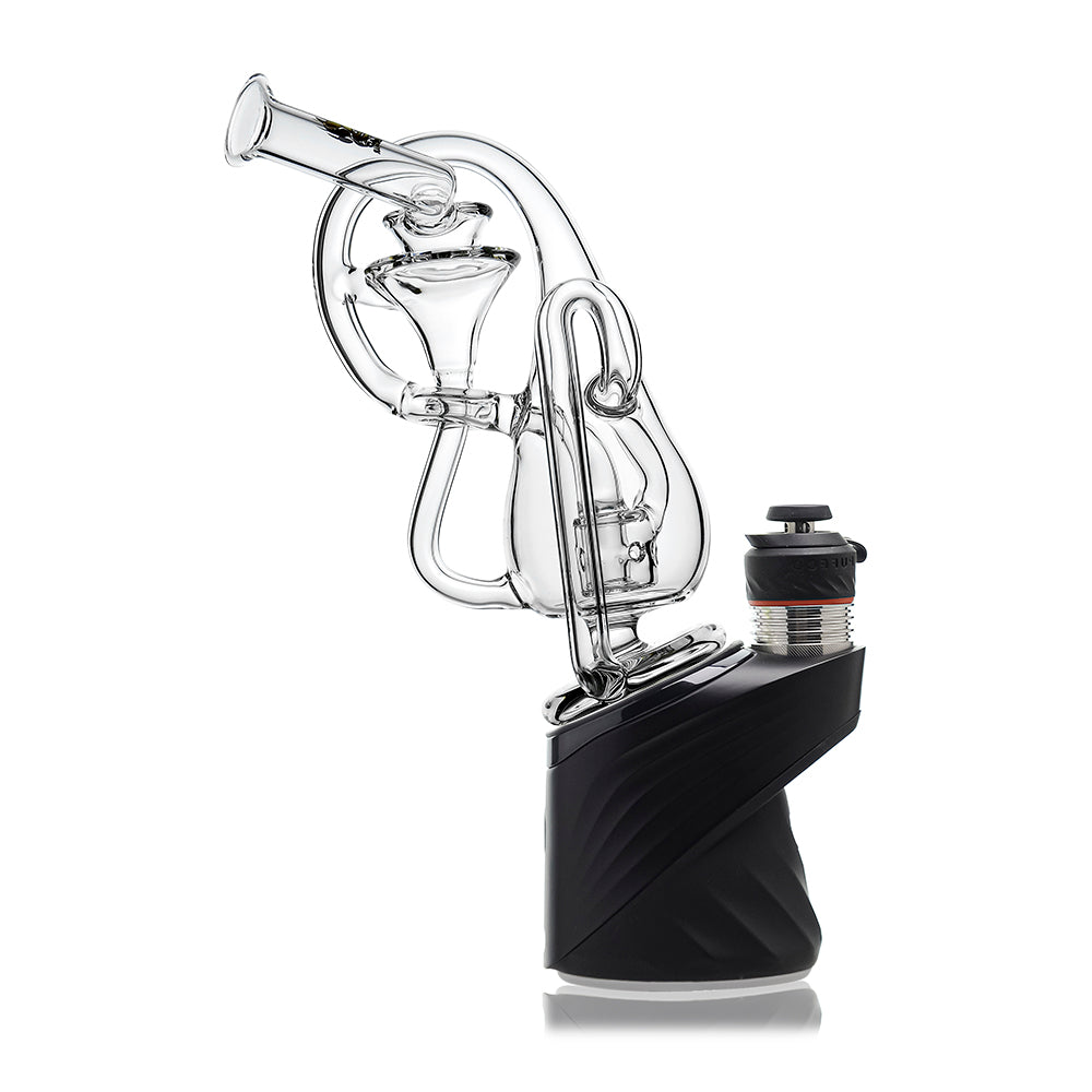 Klein Drop Bottle Glass Attachment with Encased Opal for Puffco Peak OG & Pro by Calibear Glass, displayed on Peak device and standalone, showcasing recycler design and iridescent opal inlay
