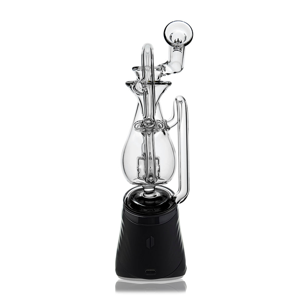 Klein Drop Bottle Glass Attachment with Encased Opal for Puffco Peak OG & Pro by Calibear Glass, displayed on Peak device and standalone, showcasing recycler design and iridescent opal inlay