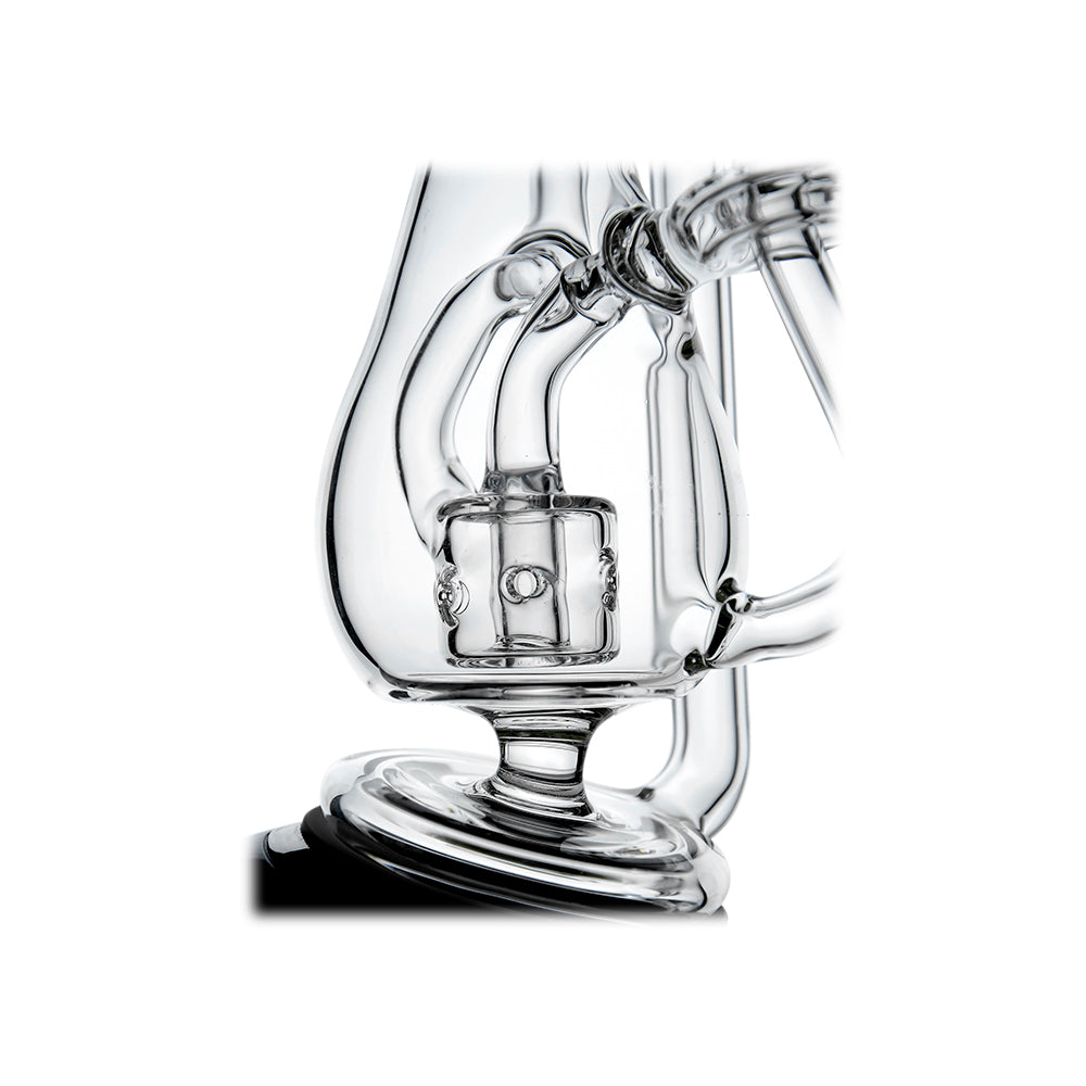 Klein Drop Bottle Glass Attachment with Encased Opal for Puffco Peak OG & Pro by Calibear Glass, displayed on Peak device and standalone, showcasing recycler design and iridescent opal inlay