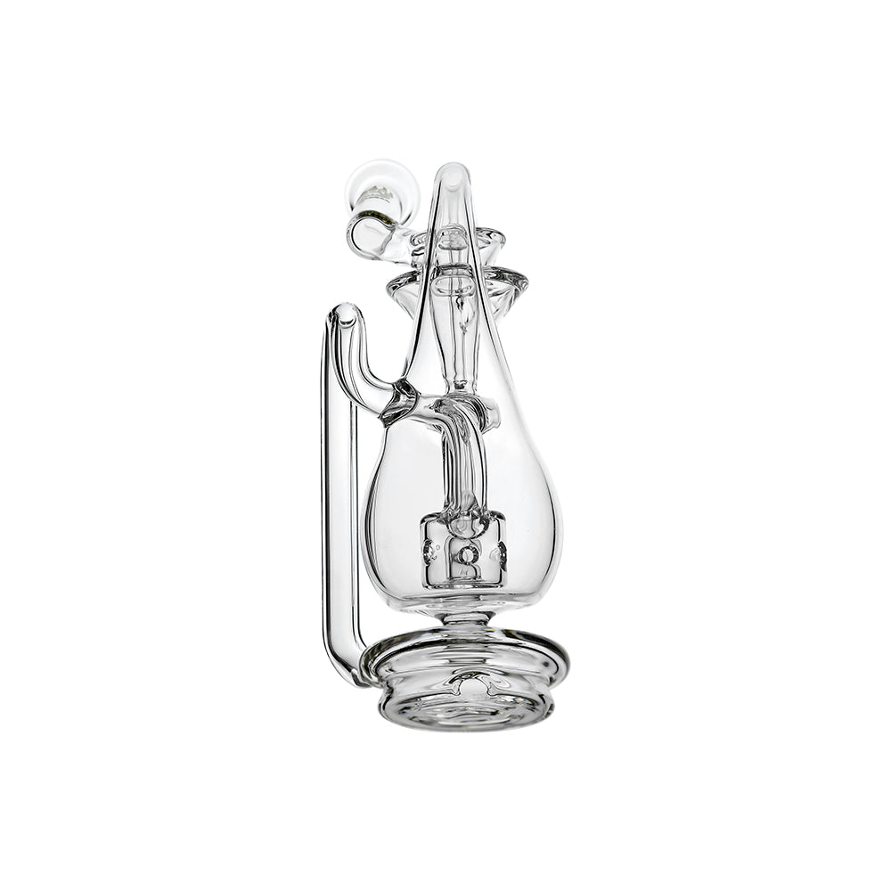 Klein Drop Bottle Glass Attachment with Encased Opal for Puffco Peak OG & Pro by Calibear Glass, displayed on Peak device and standalone, showcasing recycler design and iridescent opal inlay