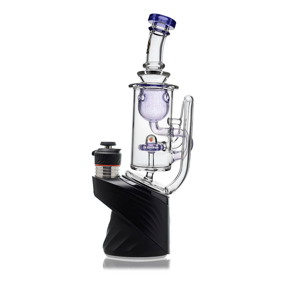 Klein Recycler Glass Attachment W/ Opal (Purple) for Puffco Peak OG & Pro by Calibear, installed angled view showing recycler chamber and external return tube