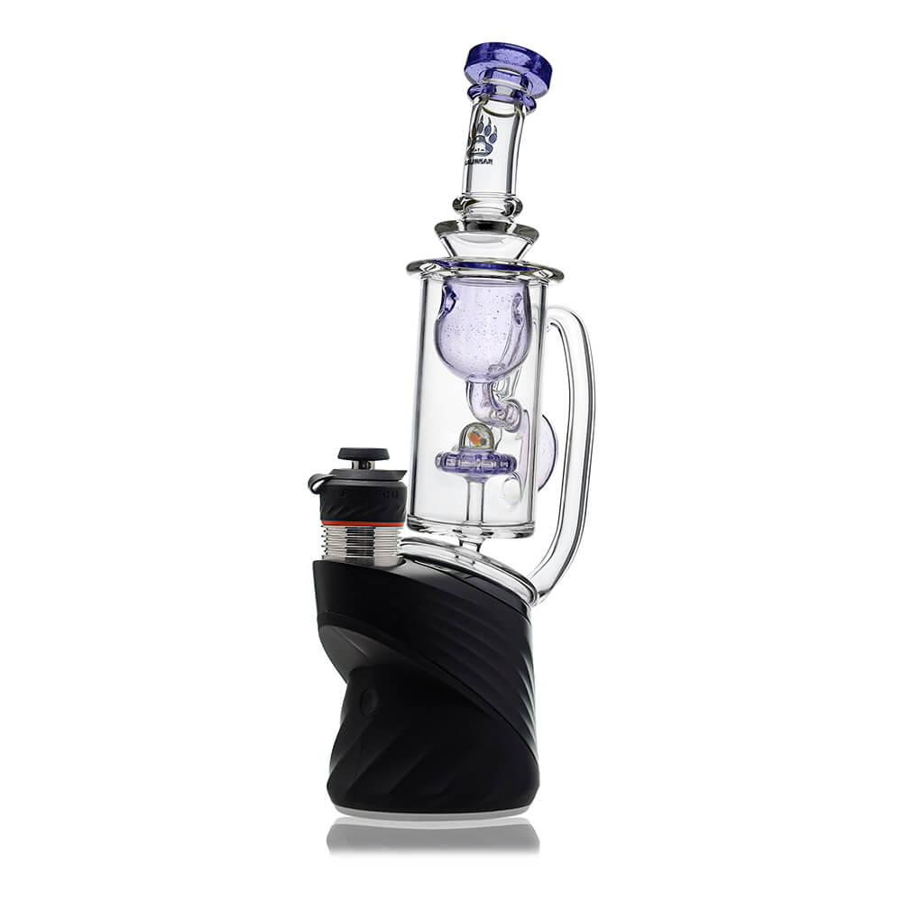 Klein Recycler Glass Attachment W/ Opal (Purple) for Puffco Peak OG & Pro by Calibear, opposite angled installed view highlighting Klein recycler airflow path