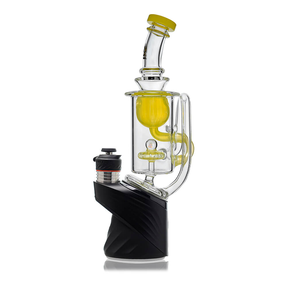 Klein Recycler Glass Attachment W/ Opal (Yellow) for Puffco Peak OG & Pro by Calibear, installed angled view with yellow recycler chamber and opal