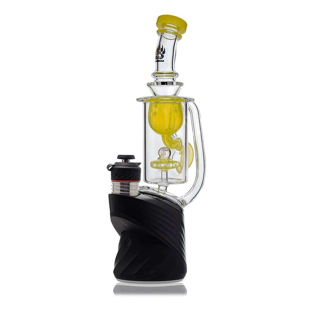 Klein Recycler Glass Attachment W/ Opal (Yellow) for Puffco Peak OG & Pro by Calibear, side installed view highlighting recycler return tube and colored glass