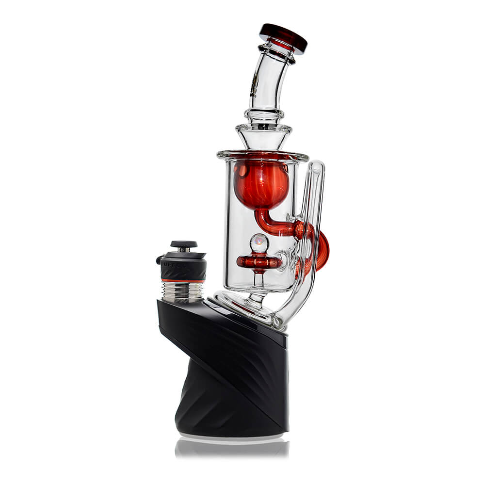 Klein Recycler Glass Attachment W/ Opal (Red) for Puffco Peak OG & Pro by Calibear, side installed view highlighting Klein recycler return pathway