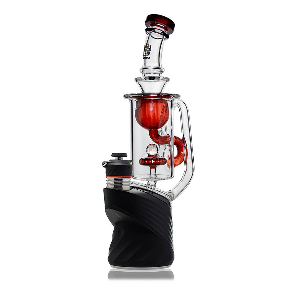 Klein Recycler Glass Attachment W/ Opal (Red) for Puffco Peak OG & Pro by Calibear, installed angled view with red recycler chamber and opal