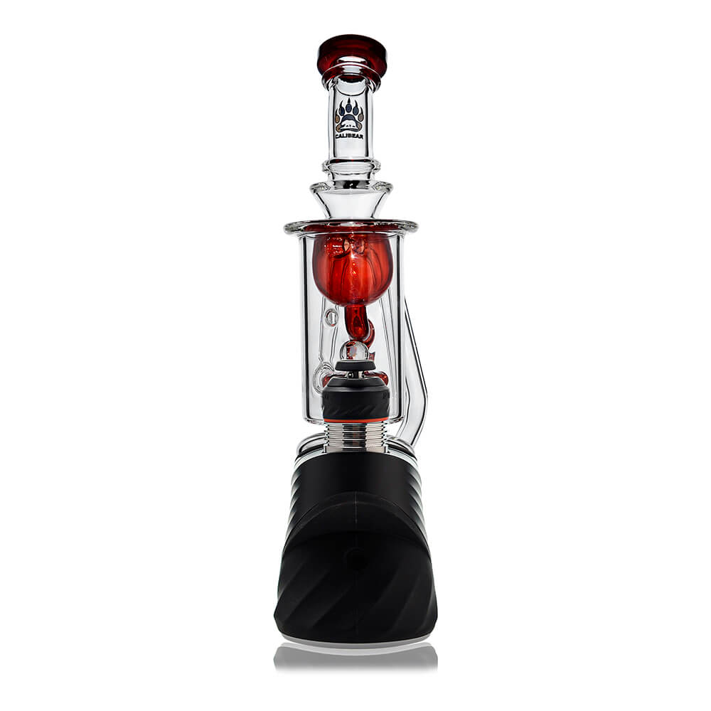 Klein Recycler Glass Attachment W/ Opal (Red) for Puffco Peak OG & Pro by Calibear, front installed view with red chamber and encased opal accent