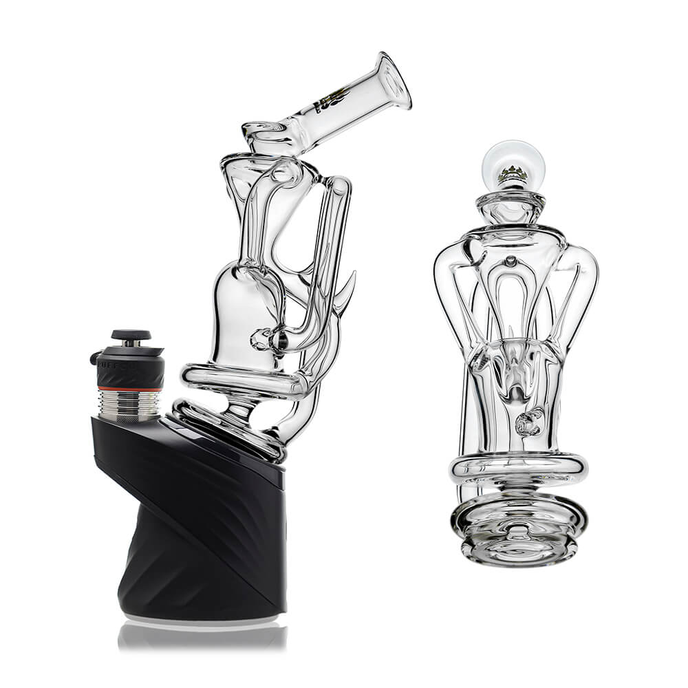 Multi-color recycler glass attachment for Puffco Peak OG & Pro by Calibear Glass, shown in yellow, green, teal, red, and amber, attached to a black Peak device.