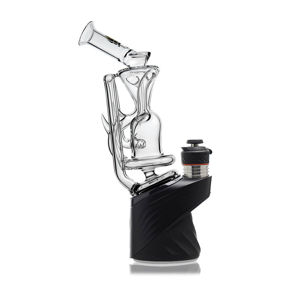 Multi-color recycler glass attachment for Puffco Peak OG & Pro by Calibear Glass, shown in yellow, green, teal, red, and amber, attached to a black Peak device.