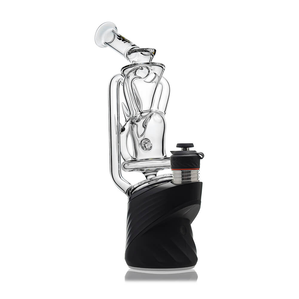 Multi-color recycler glass attachment for Puffco Peak OG & Pro by Calibear Glass, shown in yellow, green, teal, red, and amber, attached to a black Peak device.