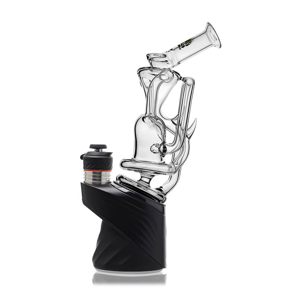 Multi-color recycler glass attachment for Puffco Peak OG & Pro by Calibear Glass, shown in yellow, green, teal, red, and amber, attached to a black Peak device.