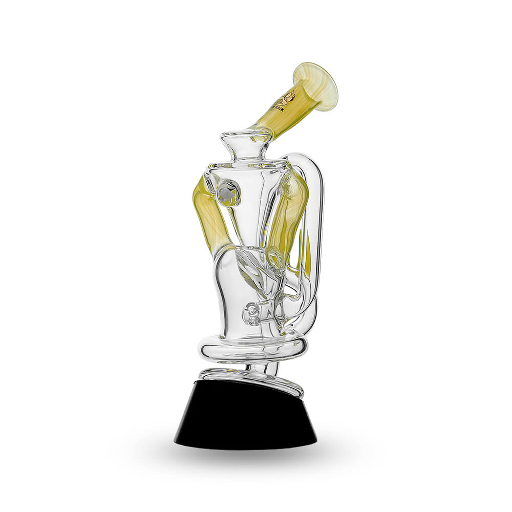 Multi-color recycler glass attachment for Puffco Peak OG & Pro by Calibear Glass, shown in yellow, green, teal, red, and amber, attached to a black Peak device.