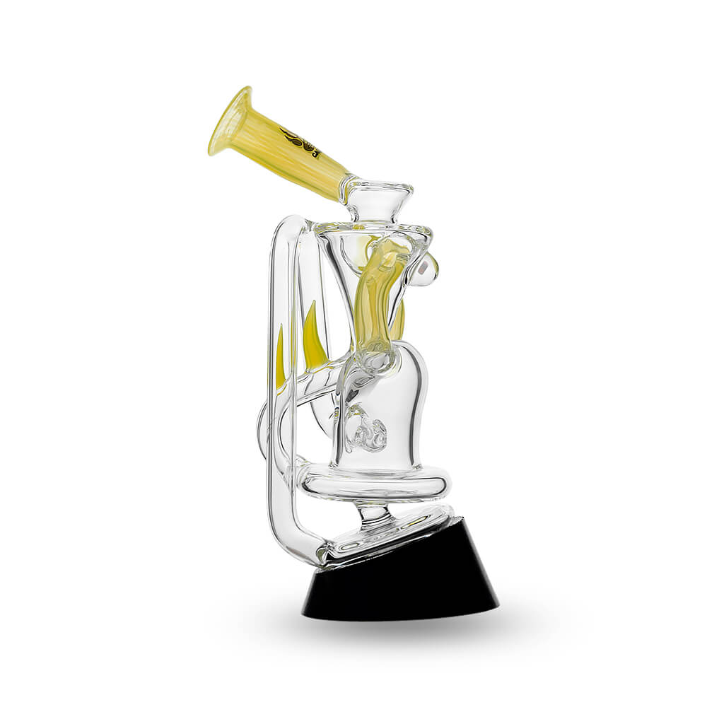 Multi-color recycler glass attachment for Puffco Peak OG & Pro by Calibear Glass, shown in yellow, green, teal, red, and amber, attached to a black Peak device.