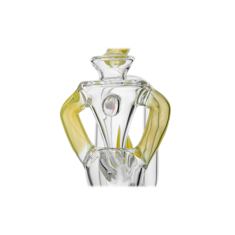 Multi-color recycler glass attachment for Puffco Peak OG & Pro by Calibear Glass, shown in yellow, green, teal, red, and amber, attached to a black Peak device.