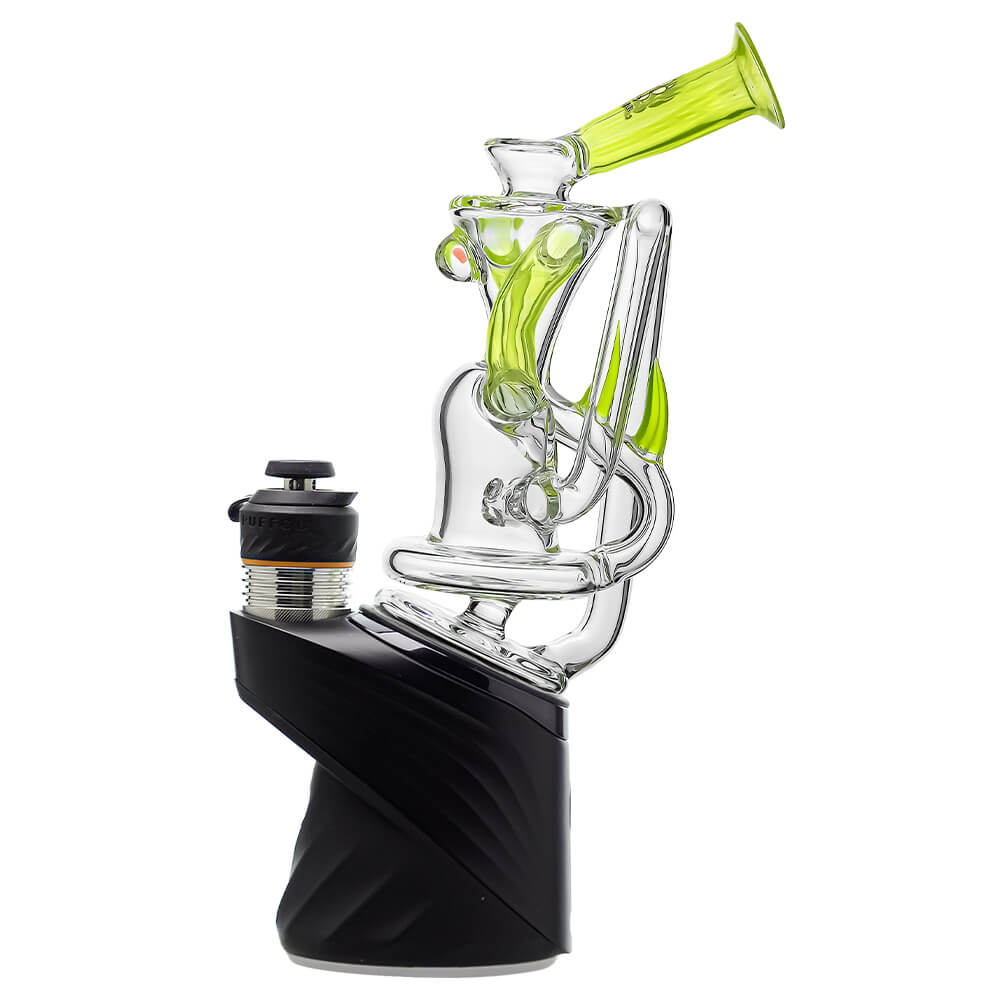 Multi-color recycler glass attachment for Puffco Peak OG & Pro by Calibear Glass, shown in yellow, green, teal, red, and amber, attached to a black Peak device.
